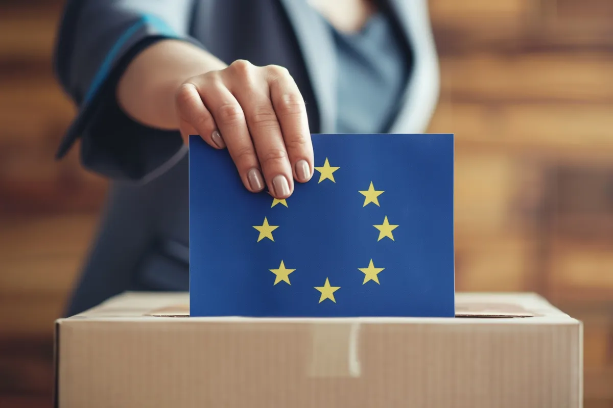 KI-generiertes Bild: Person wirft "Wahlschein" in eine Wahlurne, der Schein ist dunkelblau mit gelbem EU-Sternenkreis ist